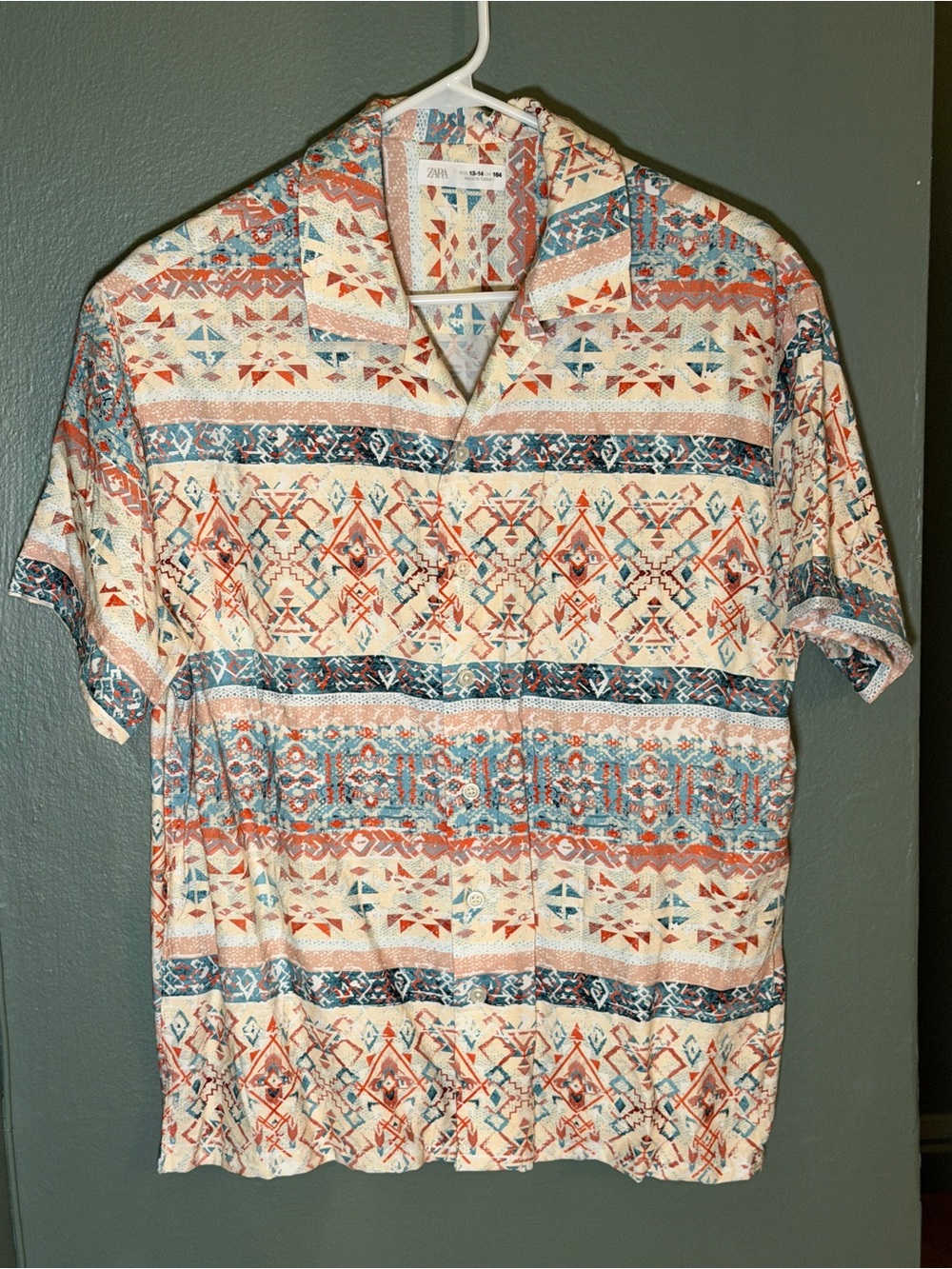 Zara Boy’s Short Sleeve Aztec Shirt - Cream, Rust & Blue - Size 13-14